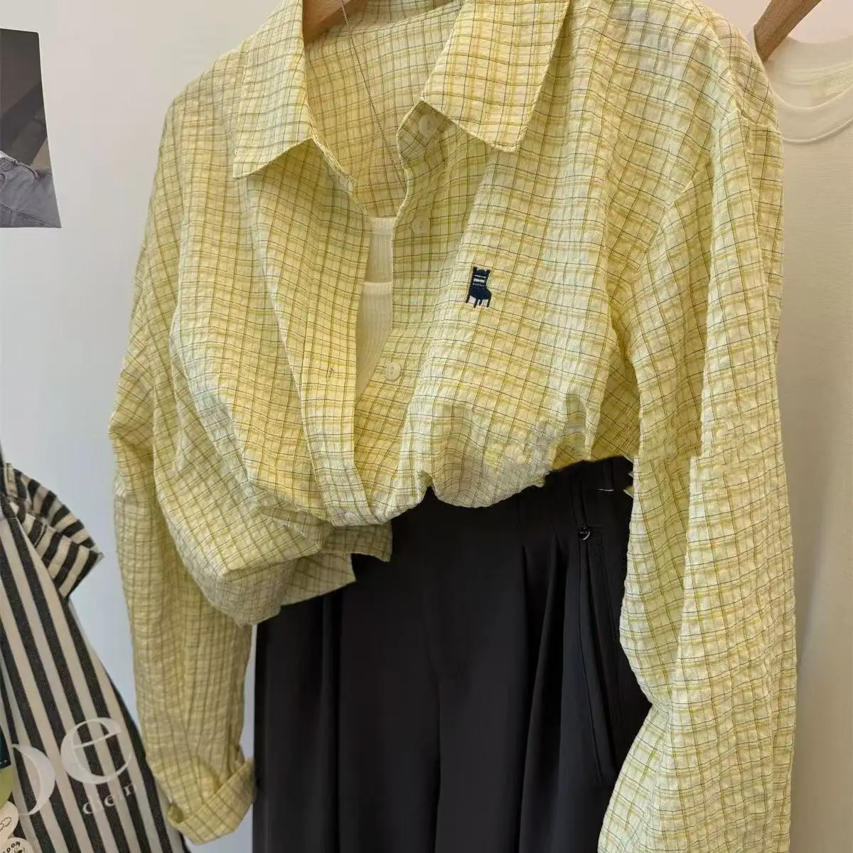 

Summer Casual Korean Fashion Loose Buttons Single Breasted Plaid Long Sleeve Youth Lively Bright Easy Close to the People Wild