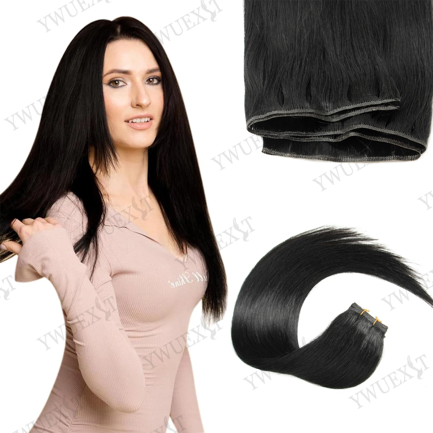 YWUEXT Black Sew In Hand Tied Weft Hair Extensions Real Human Hair 40G Genius Weft Extensions Remy Human Hair Sew In Silky