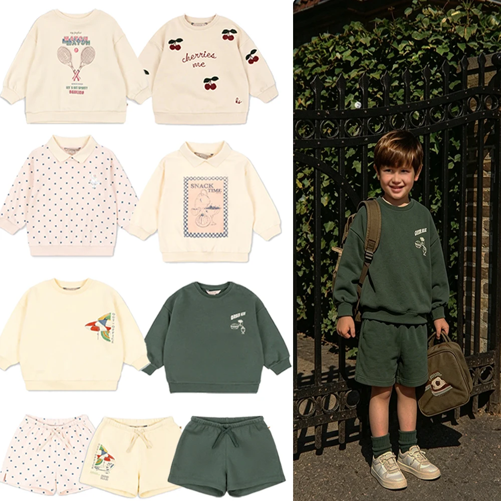 Children's KS Style Polka Dot Heart Tennis Racket Graphic Print Hoodie And Pants Set Autumn Casual Outfit for Boys And Girls