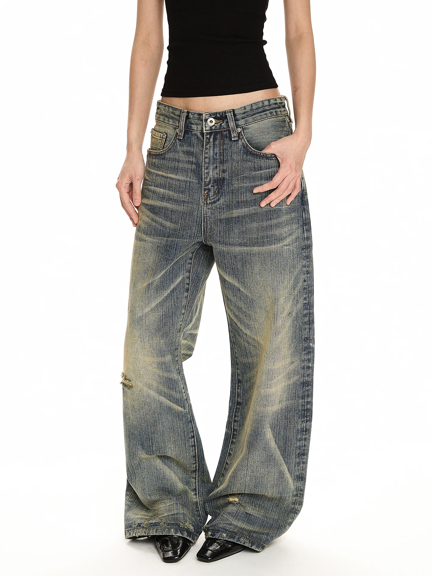 

Retro Waed Bamboo Fiber Pattern Straight Leg Jeans Men Women Slimming Micro Flared Long Trousers CleanFit Sle Casual Wear