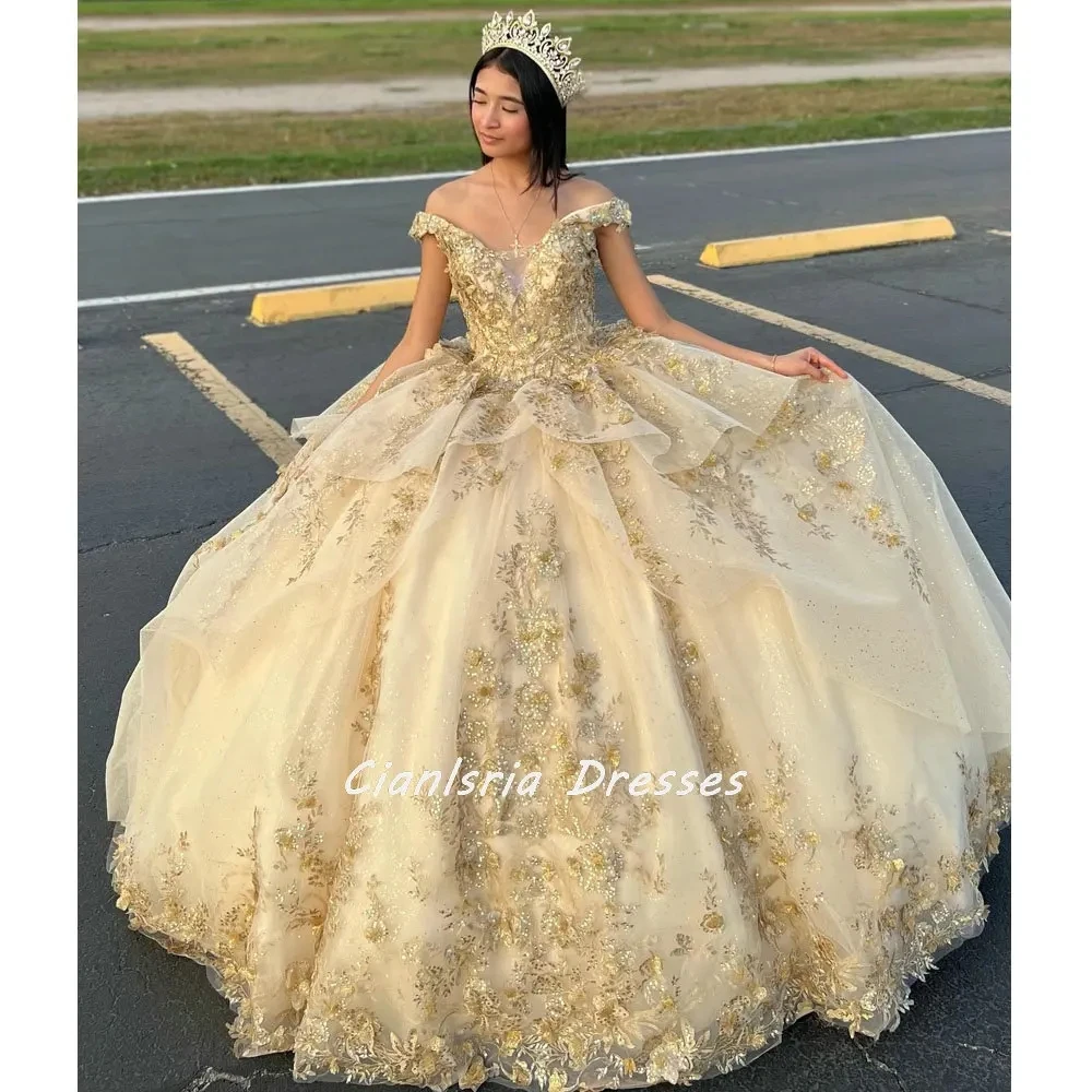 Angelsbridep-vestido De baile sin hombros para quinceañera, traje Formal De encaje con apliques De lujo para fiesta De princesa, 15 años