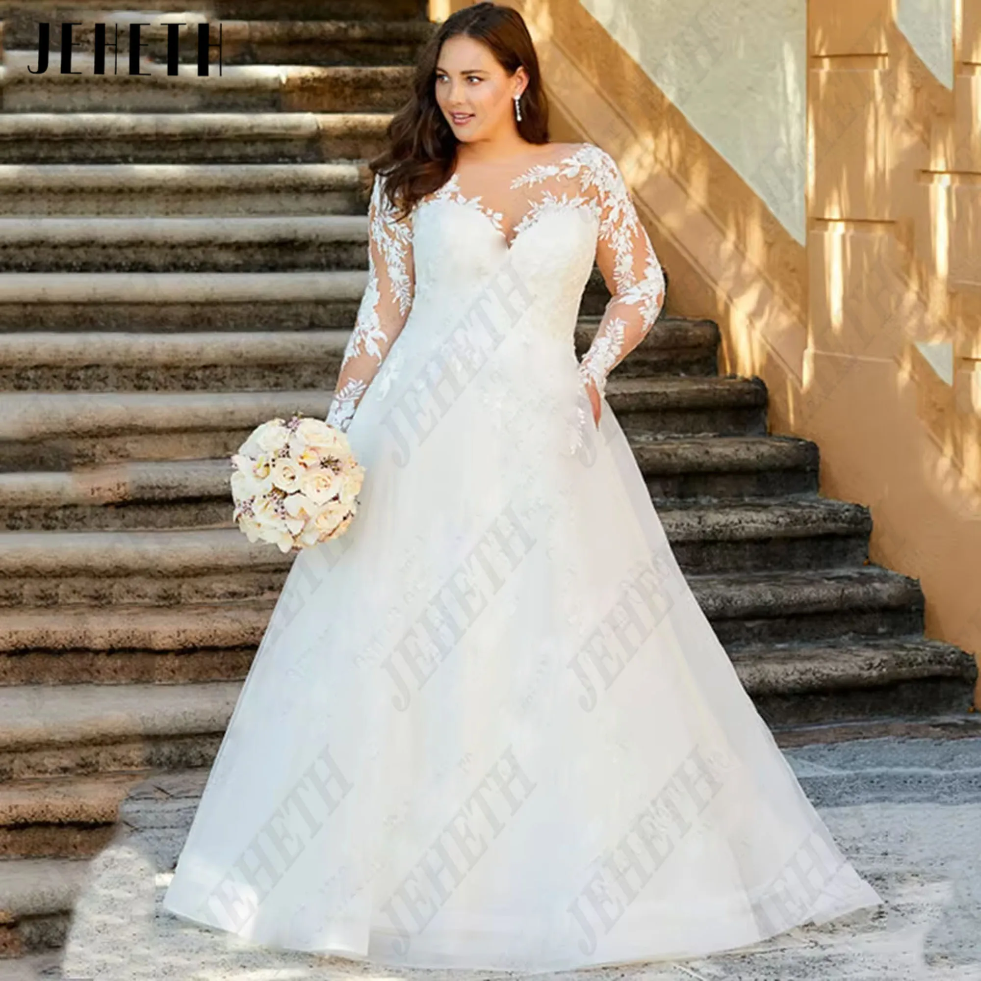 

JEHETH Wedding Dress Plus Size Woman Long Sleeves Illusion Back A Line Bride Gowns Lace Appliques Best Selling 2025 Customized