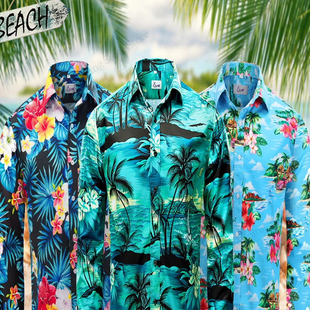 

Men Long Sleeve Hawaiian Shirt Tropic Flower Print Shirt Men Women Fashion Casual Button Oversized Shirts Beach Blouse Floral