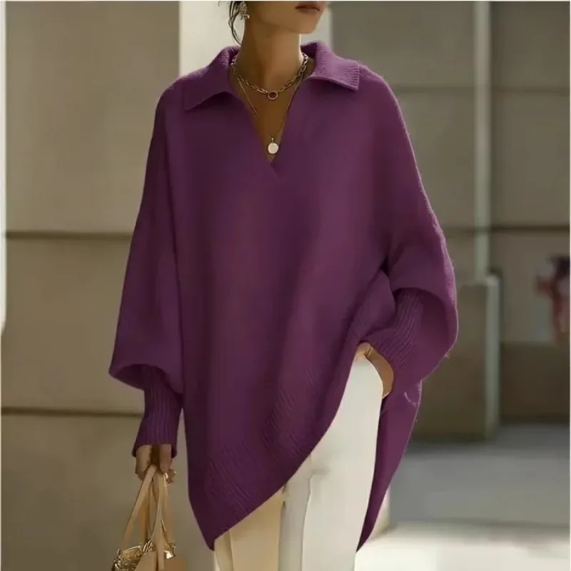 Women's Knitted Sweater Polo Collar Vintage Pullover Soft Warm Casual Long Oversize Sweaters Spring Autumn Elegant Clothes