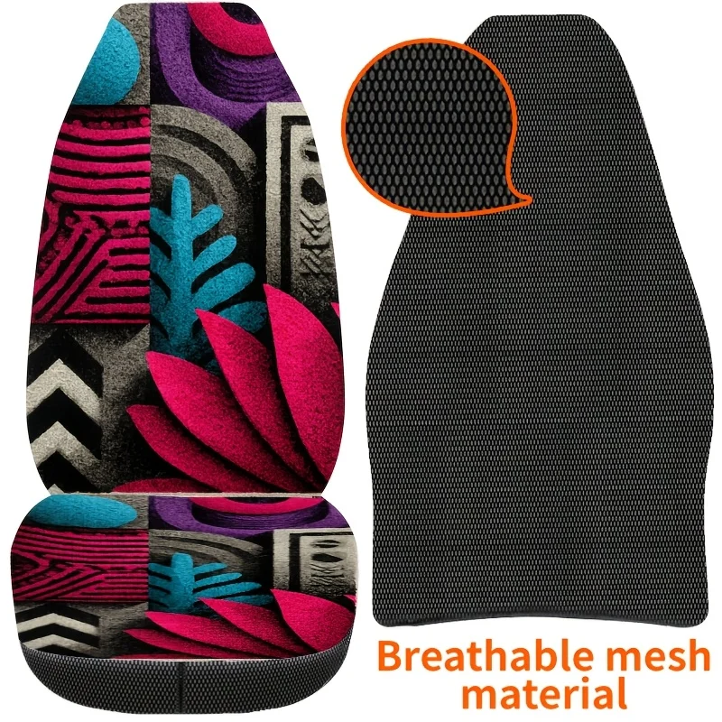 2pcs Bohemian Style Geometric Color-Block Print Car Seat Covers, Easy-Clean Unisex Front Seat Protectors, Fashionable Auto Acces