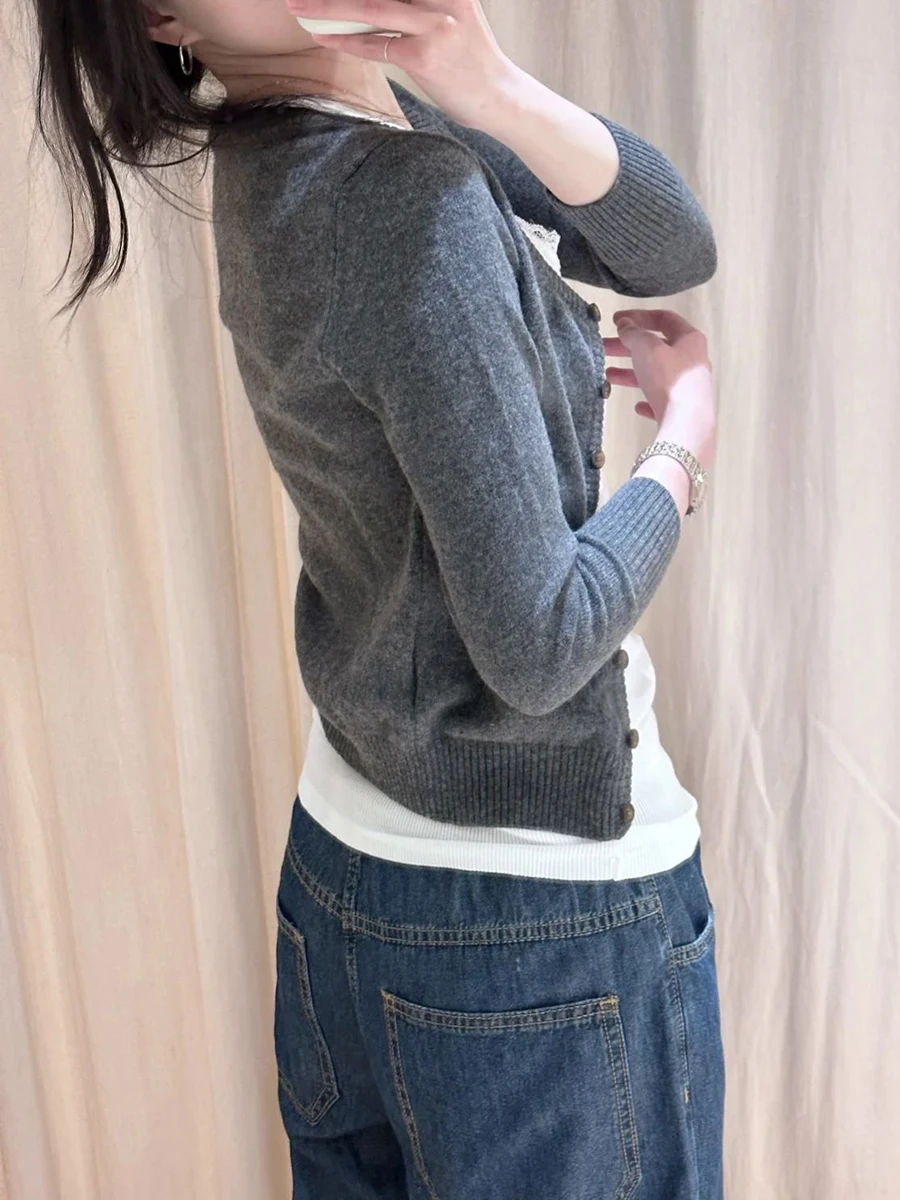 ダークグレー七分袖セーターカーディガン秋 O ネックシングルブレストスリムニットウェア女性ヴィンテージシンプルな綿セーター