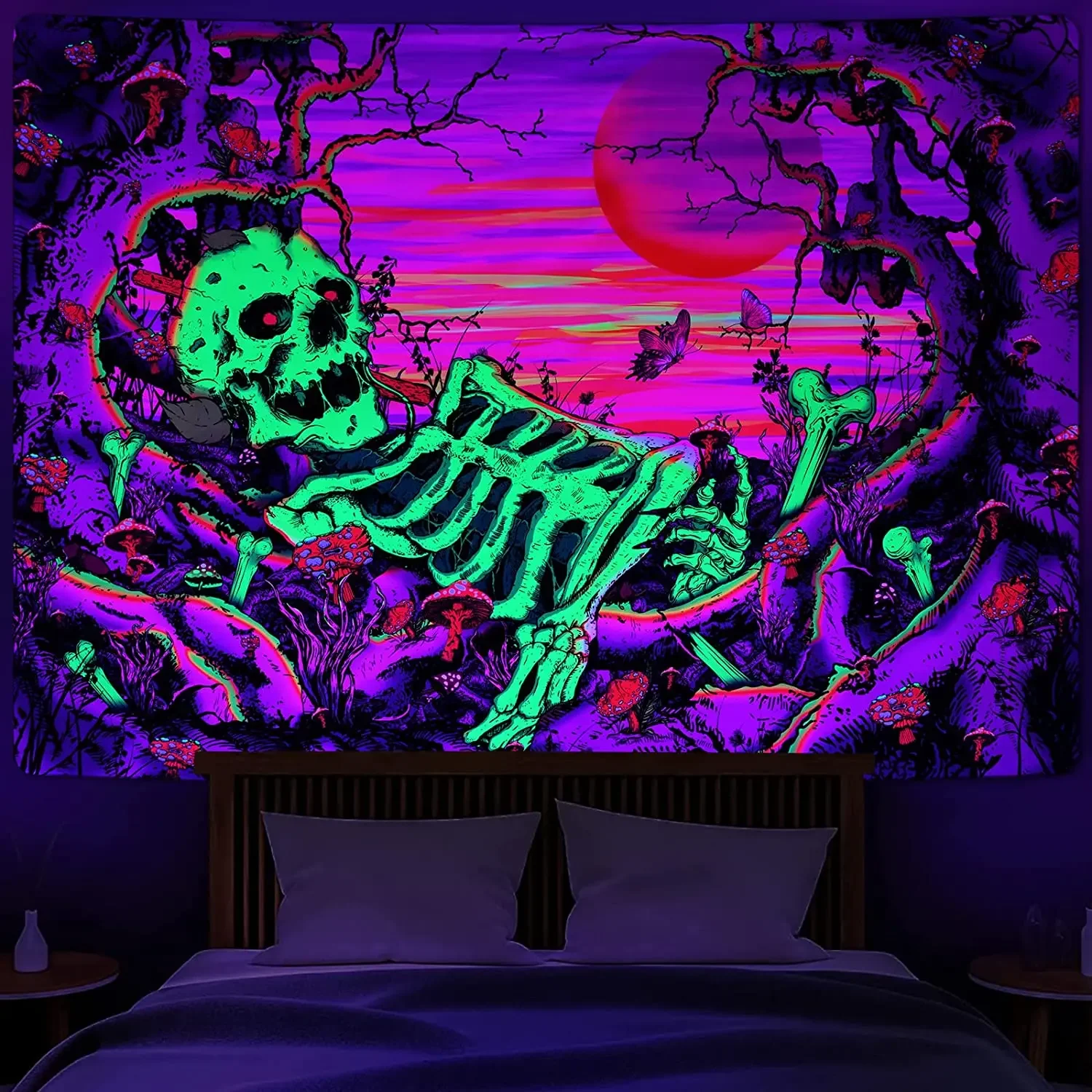 Blacklight Galaxy Moon Tapestry Trippy Plant Floral UV Reactive Neon Mountain Forest Psychedelic Wall Tapestrie for Room Decor
