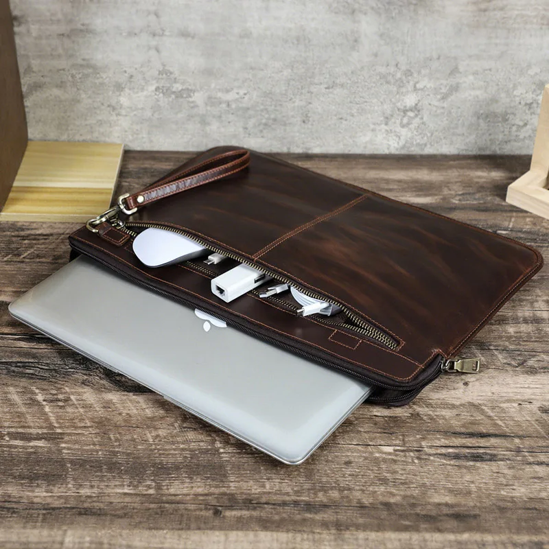 crazy-horse-leather-genuine-cowhide-laptop-sleeve-zipper-protective-case-with-front-pocket-wrist-strap-for-16-inch-macbooks
