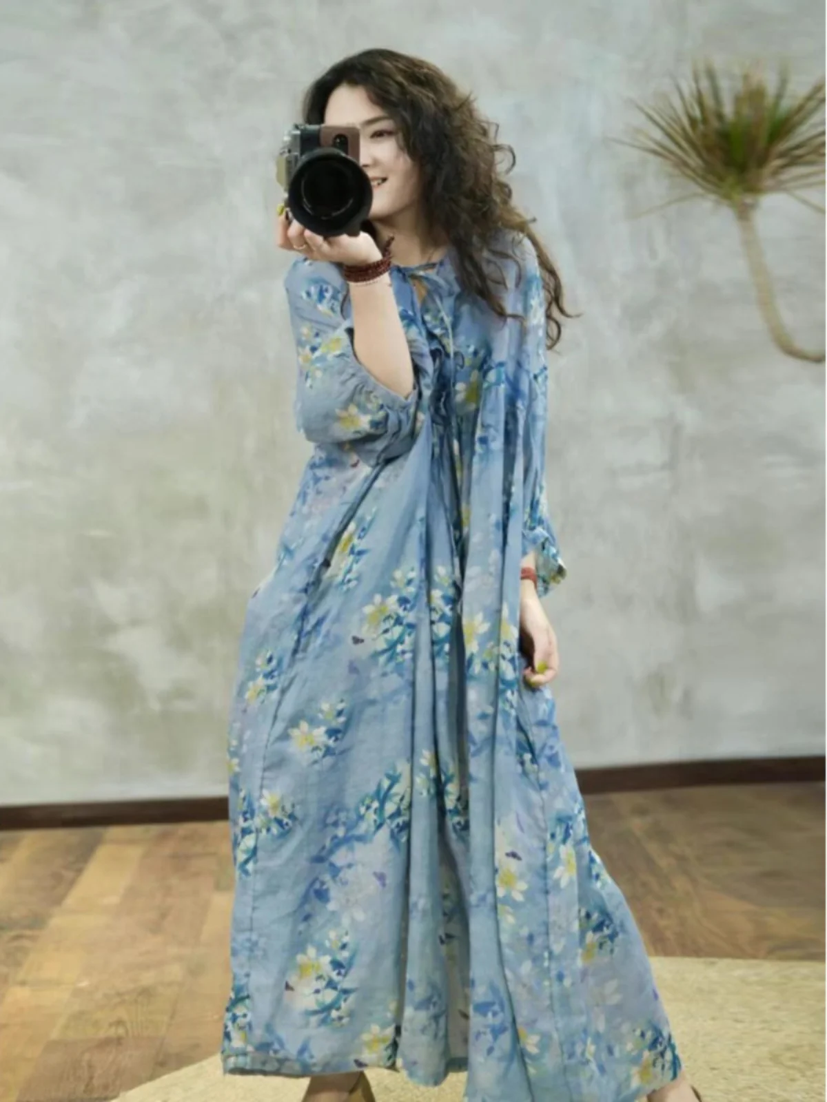 

Романтичное платье с принтом Vaion Dr, большие размеры, женское, модное, с длинными рукавами-фонариками, V-образным вырезом, А-силуэт, летнее, повседневное, хлопковое