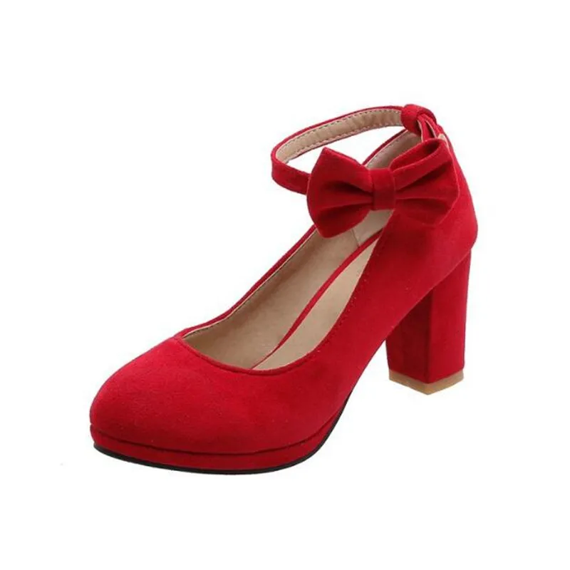 Ankle Strap High Heels Sweet Bowknot Women's Pumps Flock Woman Thick Heel Mary Jane Women Party Shoes Ladies Footwear 33-43