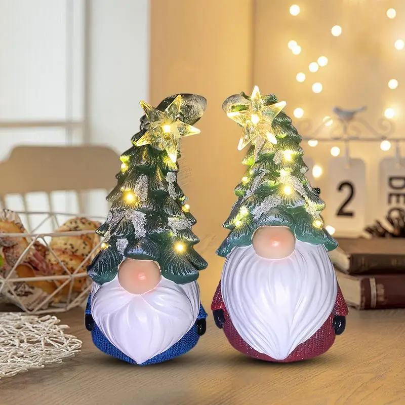 Light Up Christmas Tree Gnome Multi-color LED Bulbs 2X Christmas Bearded Gnome Ornaments Resin Crafts Ornament Night Light