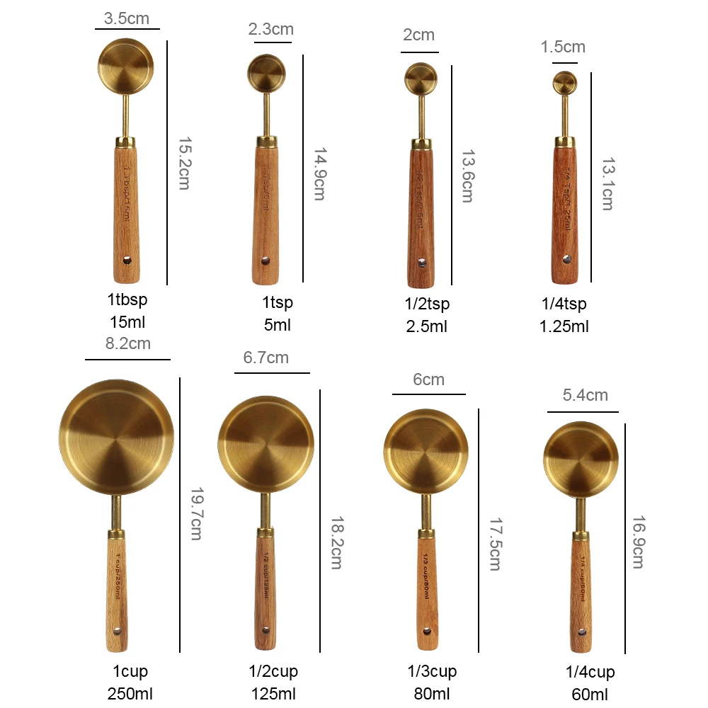 8Pcs Measuring Spoon Set Wooden Handle Measuring Cups Stainless Steel Kitchen Accessories Kitchen Gadget Coffee Bartending Scale