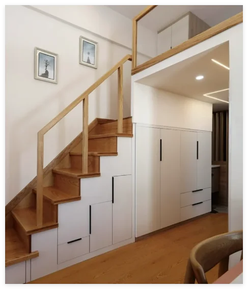 Lockers under the stairs Customized pull-out shoe cabinets Stairwell space Utilization of oblique angle doors Oblique angle shel