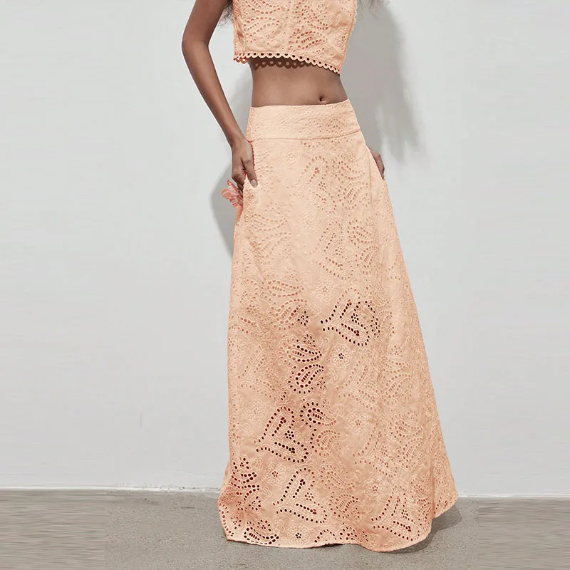 

Sexy Hollow Out Lace Women's Long Skirt Summer Vacation Solid Color Seaside Skirt Fashion High Waist Streetwear Hem Party Skirt