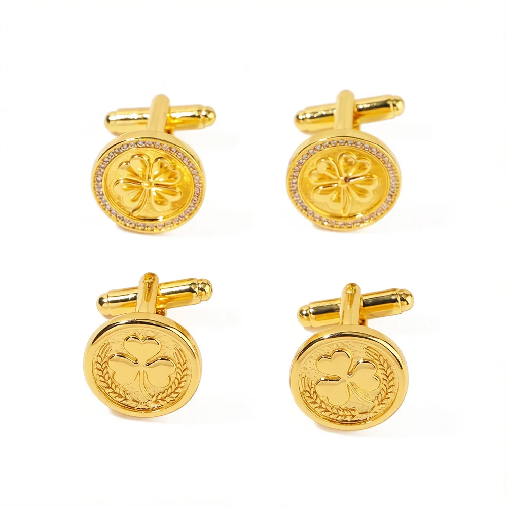 Exquisite Lucky Clover Relief Cufflinks Men's French Shirt Cuff Button Business Suit Dress with Diamond Studded Sleeve Studs