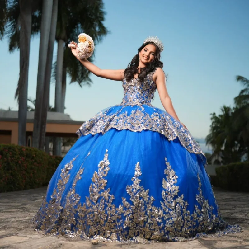 

Royal Blue Quinceanera Dress off-shoulder Crystal Layering 3D Flower Decal Long tail Bow vestidos de 15 Quinceanera ﻿Customize