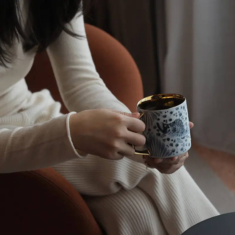 Tasse à eau en céramique à motif poisson et algues, paroi intérieure en céramique, tasse de bureau en titane
