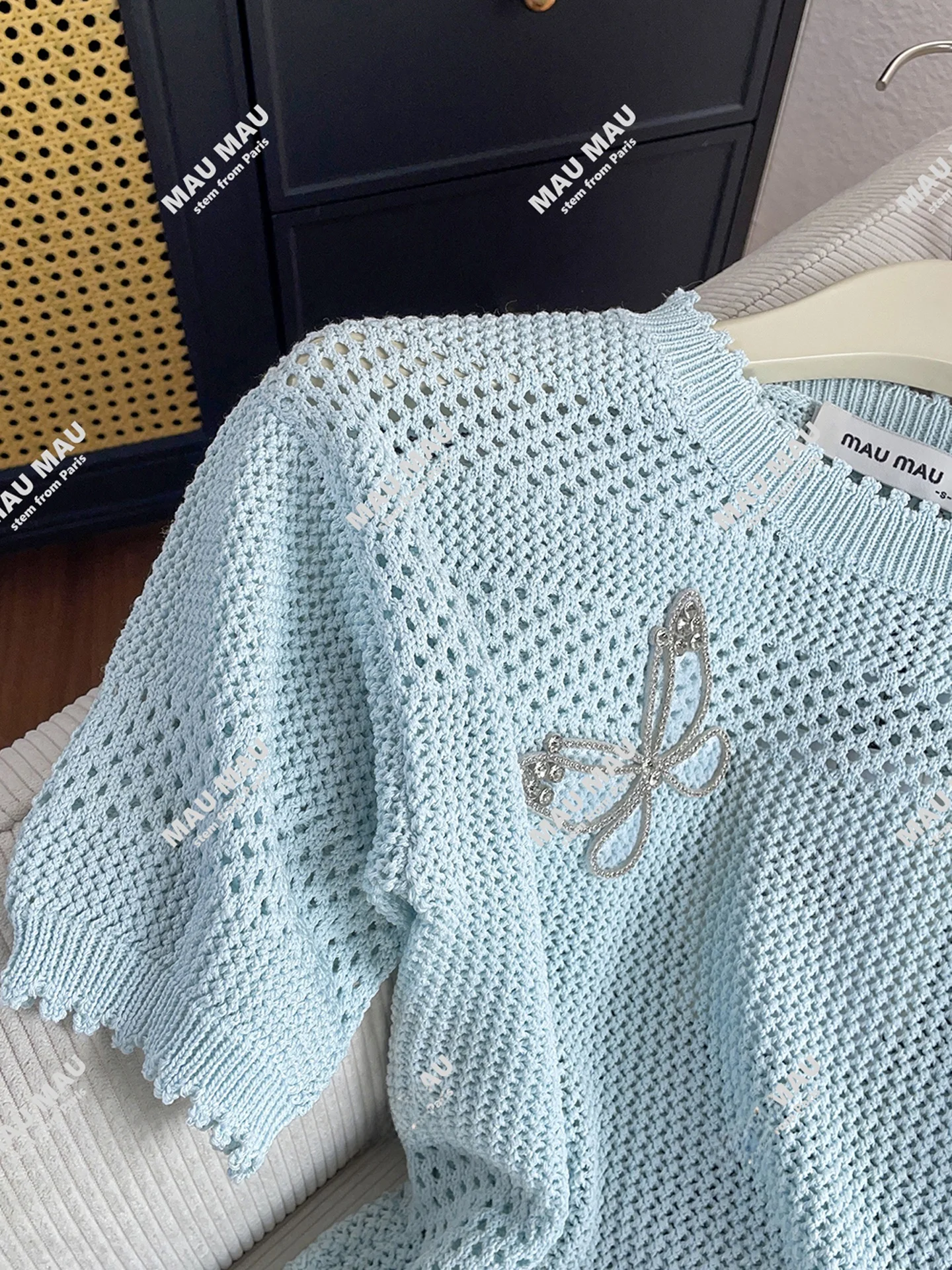 

Fre Sle Hollow out Knitted Top Diamond Embellied Summer New Arrival Women's Premium Faion by Nu