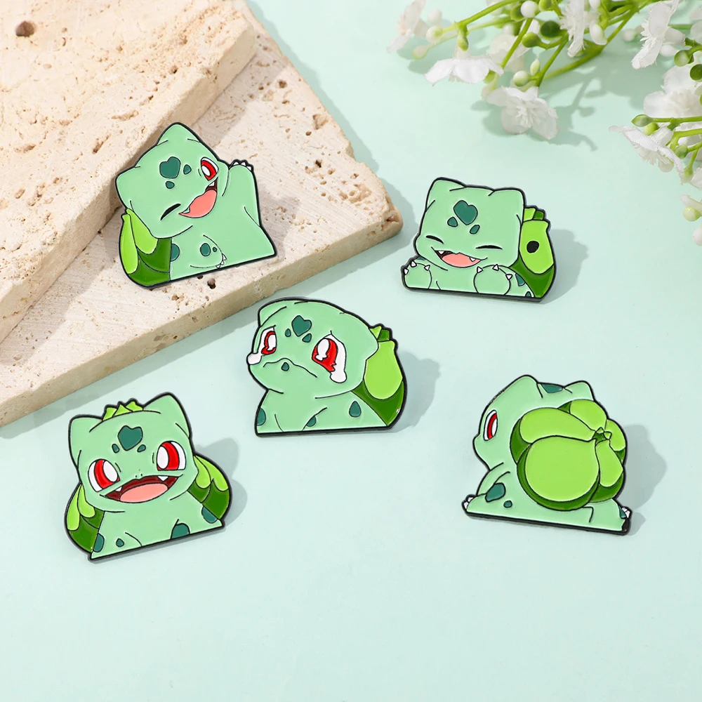 Bulbasaur Inspired Enamel Lapel Pins, Cute Green Spotted Bulb Back Cartoon Monster Metal Brooches, Hard Alloy Decor Badges view 3