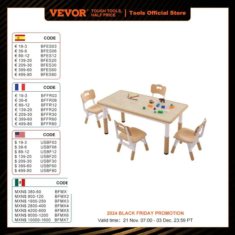 VEVOR Kids Table and 4 Chairs Set Height Adjustable Toddler Table and Chair Multi-Activity Table for Art Craft Reading Learning