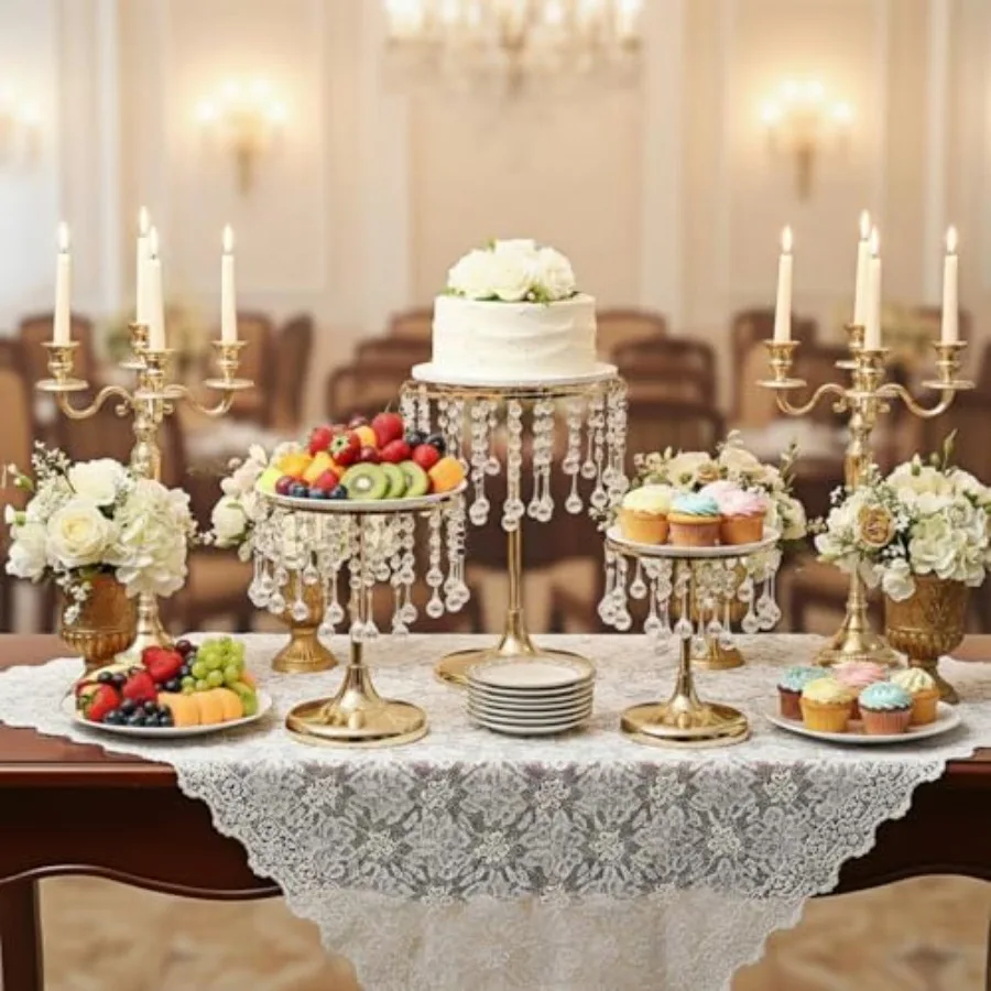 

3 Pcs Crystal Gold Cake Stand with Elegant Pendant -Round Metal Dessert Cake Holders, Cupcake Stand for Birthday, Anniversary,