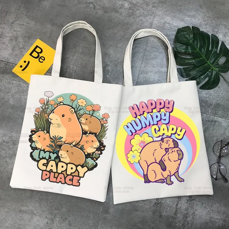 Funny Animals Capybara Cartoon Cute Women Canvas Tote Bag Eco Shopping Bag Large Shoulder Bag Women Foldable Beach Shopper