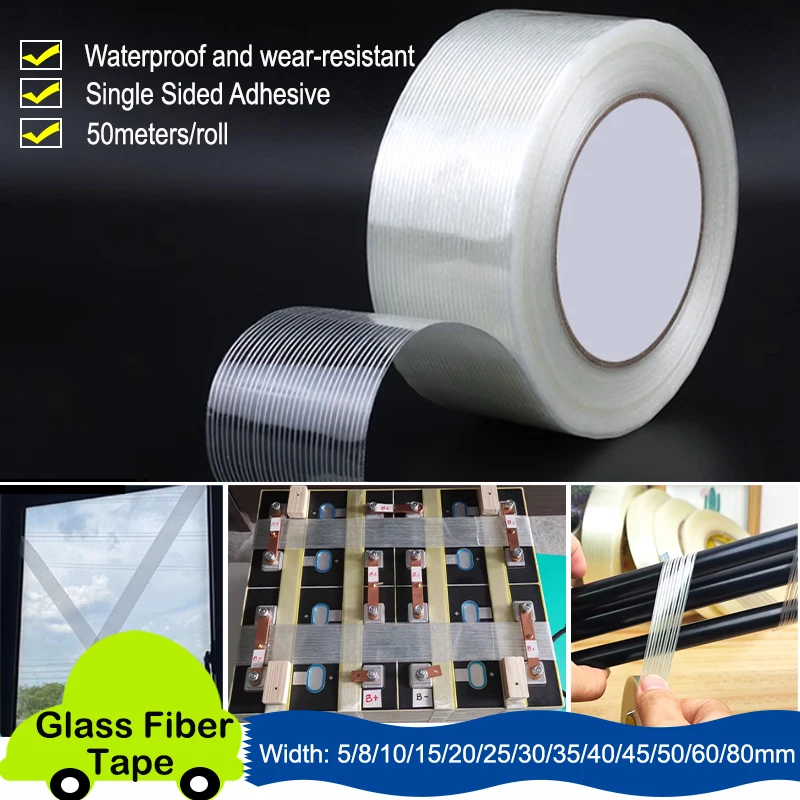 50m Striped Fiber Tape Lithium Battery Pack Insulation Wrap Fiberglass Tape Transparent Single Side Adhesive Seal Packaging Tape