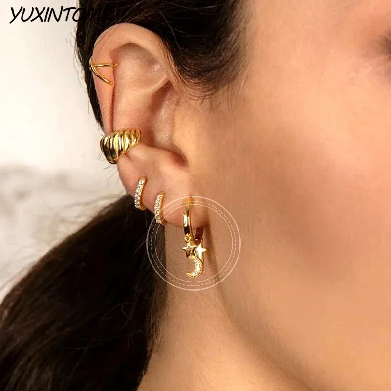 925 Sterling Silver Needle Moon/star Pendant Gold Earrings Trend Small Hoop Earrings for Women Wedding Premium Luxury Jewelry