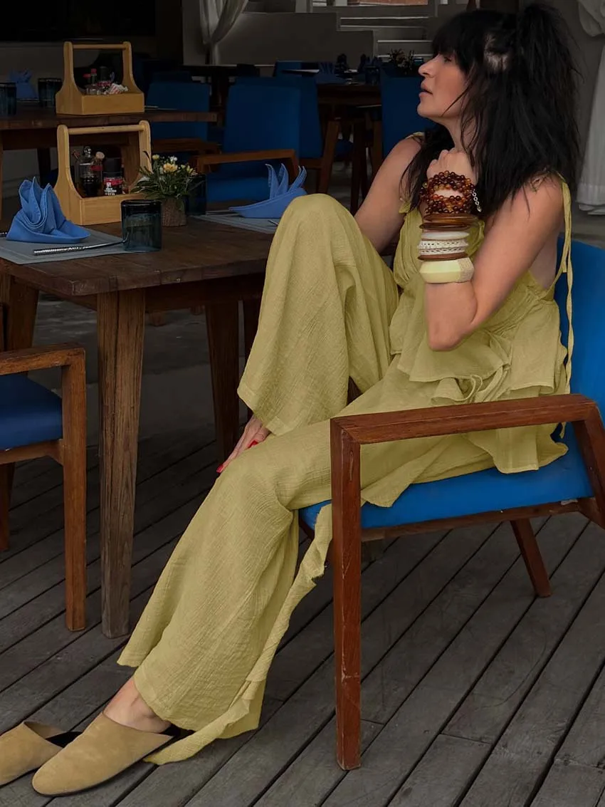 Oymimi Fashion Yellow 2 Pieces Set For Woman Casual Spaghetti Strap Ruffled Open Back Lace-Up Tops And Straight Trousers Sets