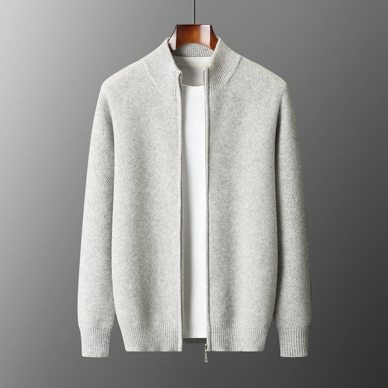 الخريف والشتاء 100% الصوف الخالص سترة الرجال الوقوف طوق سستة سترة سميكة الأعمال عادية الكشمير محبوك معطف #2