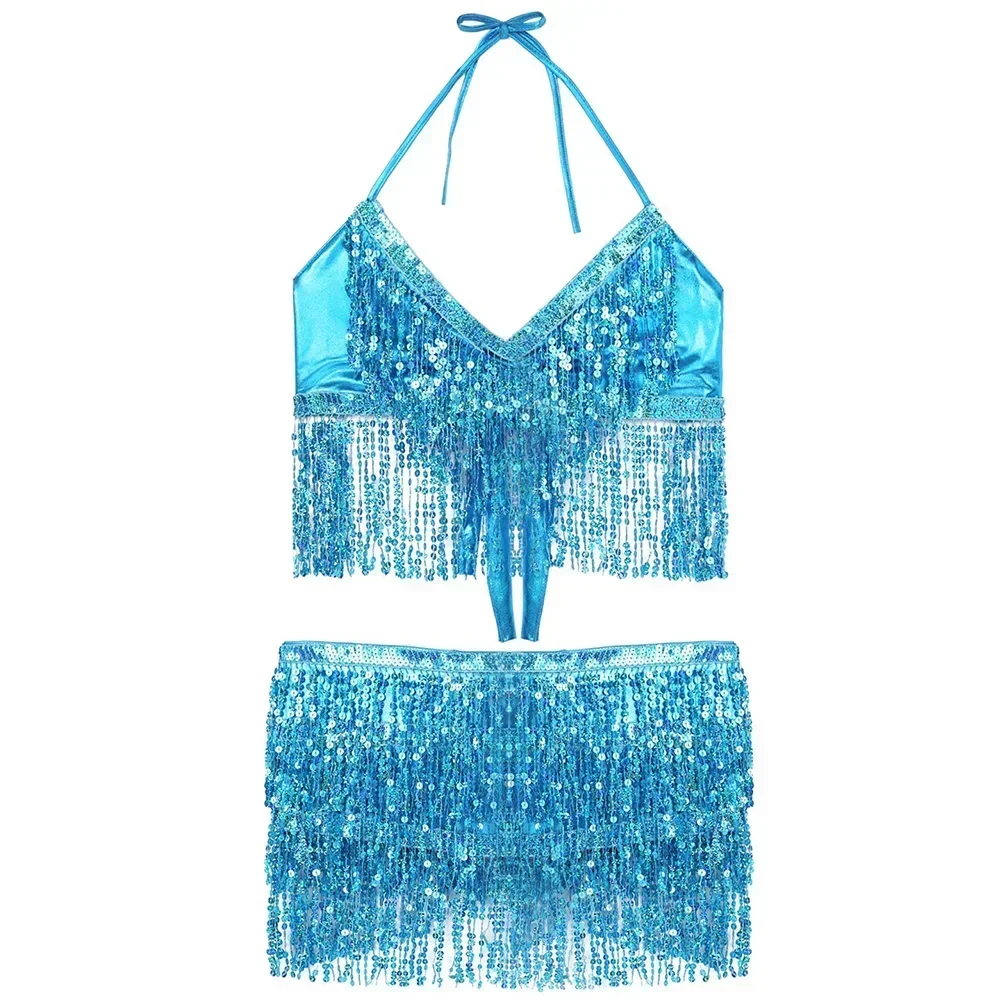 TiaoBug 여성 반짝 이는 스팽글 Tassels 카니발 레이브 공연 밸리 댄스 의상 홀터 브라 탑 힙 스카프 랩 스커트 세트