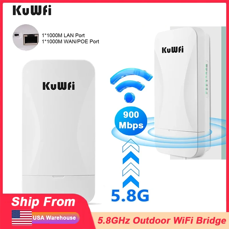 KuWfi 900Mbps 5.8Ghz Outdoor CPE Bridge Wireless Wifi Bridge Point to Point Up to 2KM IP65 Gigabit RJ45 Port for Cameras