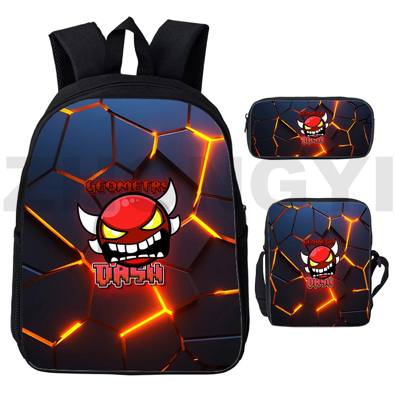 New Fashion 3 in 1 Set of Schoolbag Men Angry Geometry Dash Primary and Secondary School Students Shoulder Bag Travel Backpacks