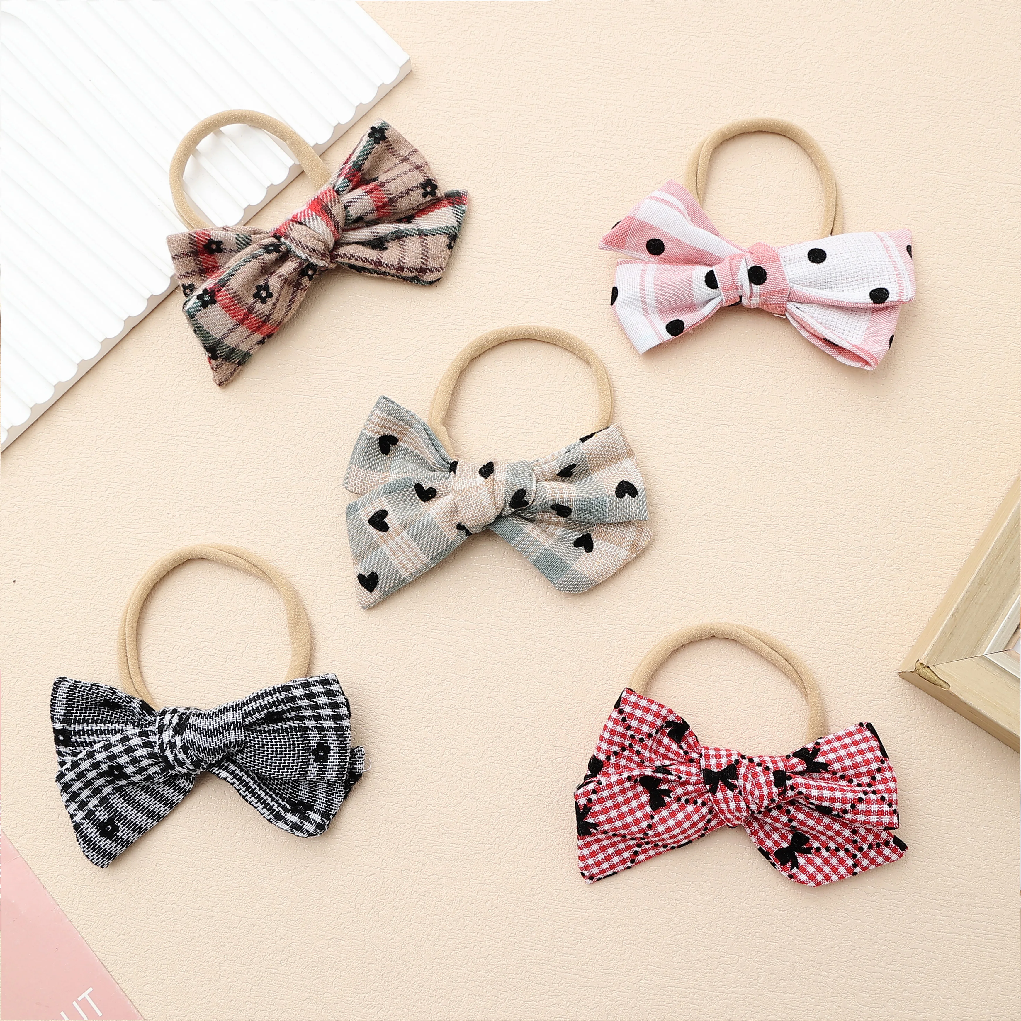 

Vintage Plaid Cotton Fabric Bow Nylon Headbands Kids Toddler Baby Girls Elastic Hair Bands Bowknot Headwear Hair Accessories