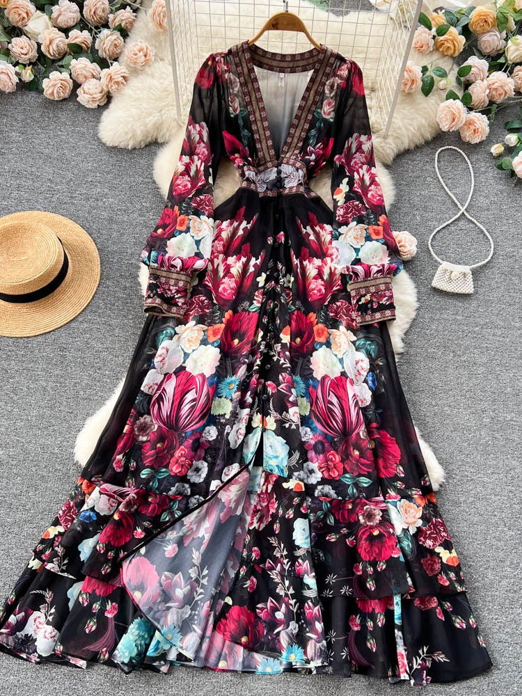 Spring Autumn V-neck Lantern Sleeves High Waist Slim Spinning Mesh Dress Ladies Elegant Party Vacation Print Robe Vestidos