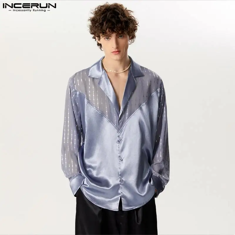 2024 Men Shirt Mesh Patchwork Sequins Shiny Lapel Long Sleeve Fashion Men Clothing Transparent Streetwear Camisas S-5XL INCERUN