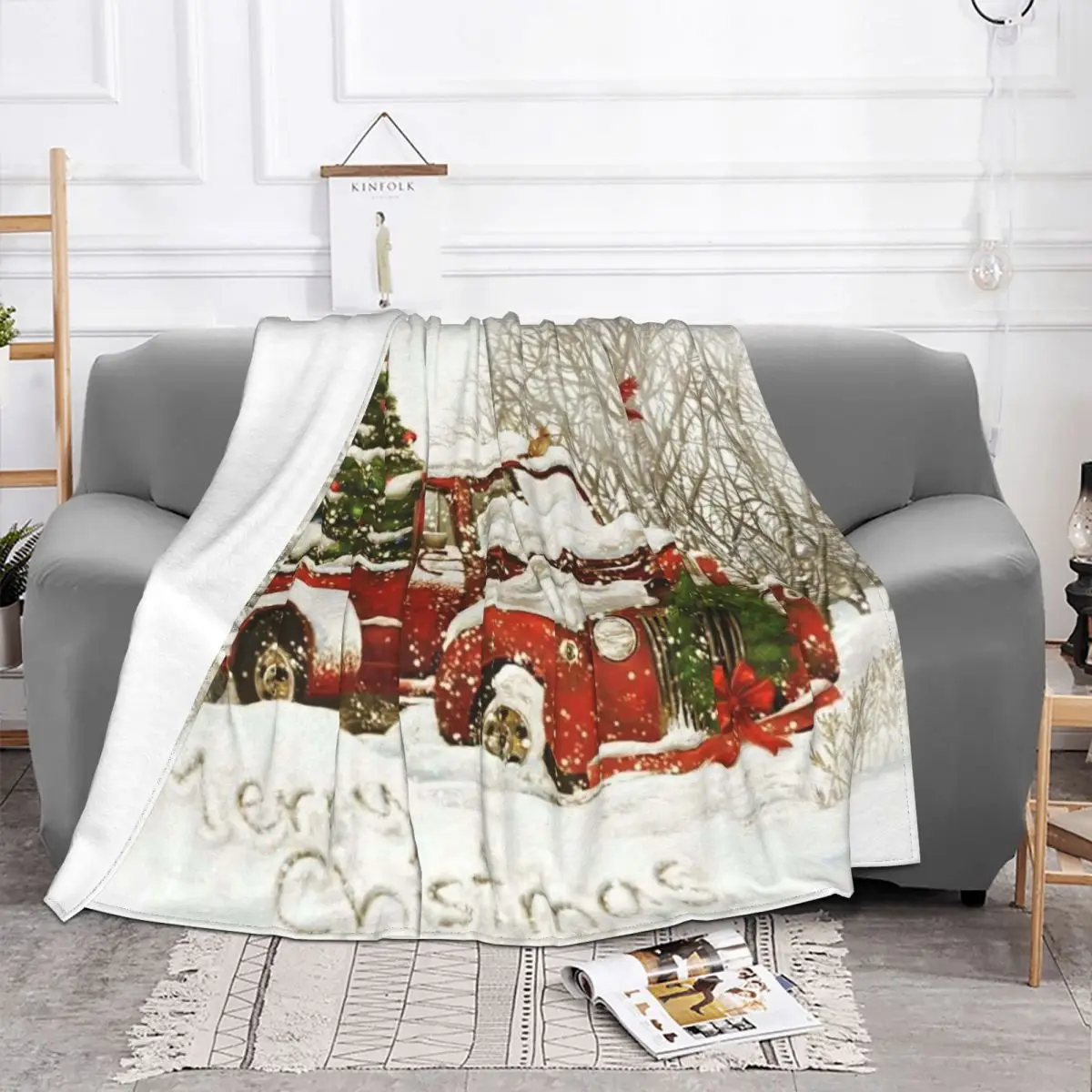 Christmas Santa Gnome Red Truck Blanket Fleece Spring/Autumn Breathable Warm Throw Blanket for Bed Outdoor Bedspreads