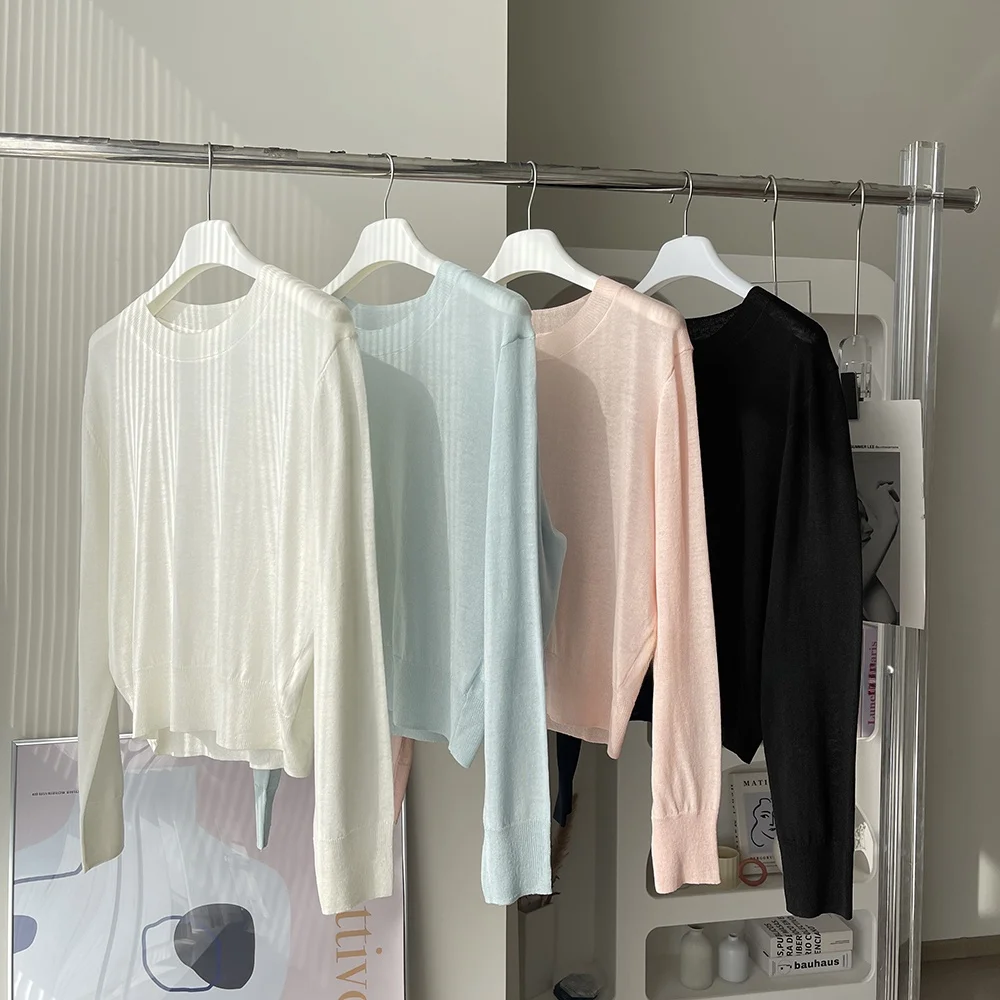 Maglione lavorato a maglia slim fit Sottile rotondo Ne Elastico da pendolarismo Versatile top lavorato a maglia Lungo Sve Lunghezza regolare Sle coreano