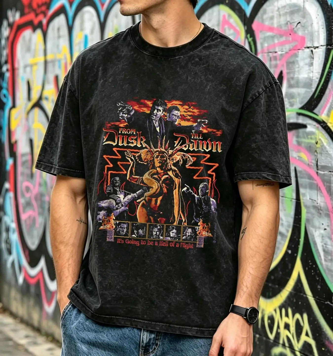 washed T Shirt From Dusk Till Dawn 90s Horror Retro Vintage Classic long or short sleeves vintage Washed Casual Stretched