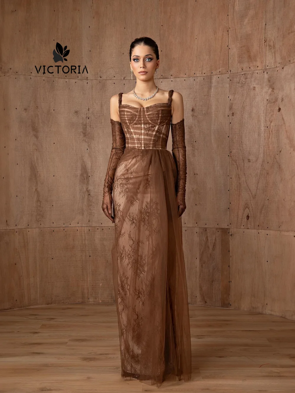 

Customized Dubai Brown Lace Spaghetti 2026 Evening Dresses With Gloves Mermaid Prom Gowns New Year Saudi Arabia