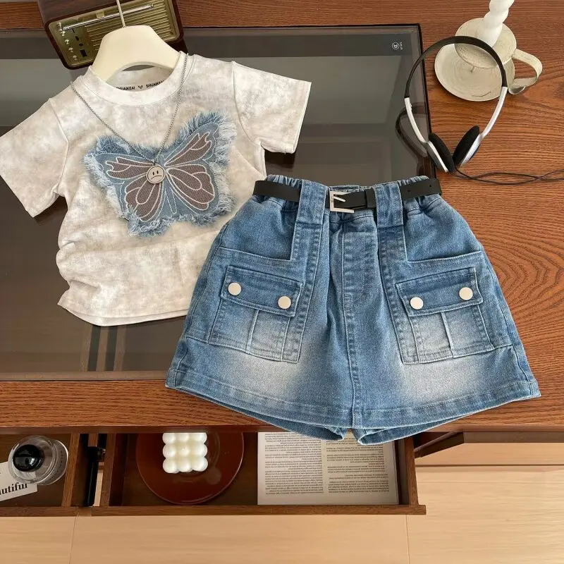 Girls T-shirt Summer Short Sleeve Kids Tops Korean Children Casual Denim Shorts Toddler Girl Tees Costumes 2 3 4 5 6 7 8 9Yrs