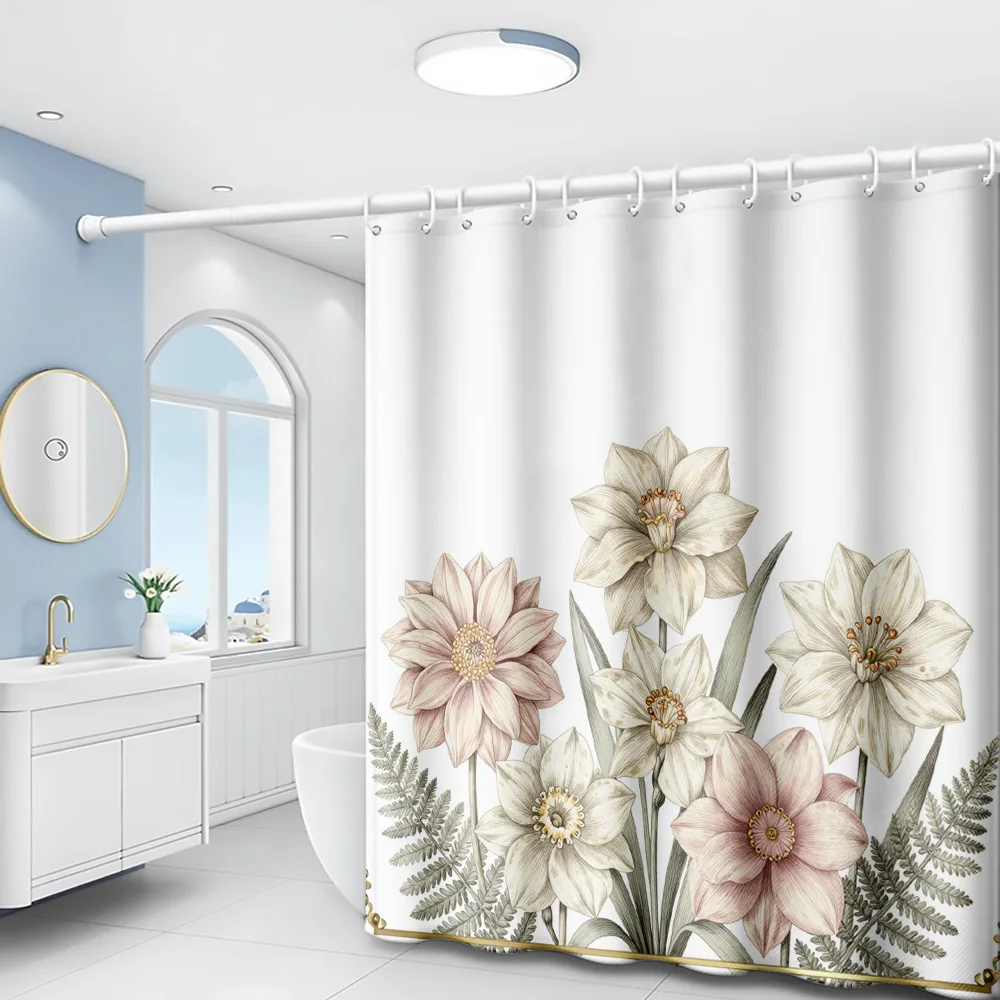 1pc Vintage Floral Shower Curtain with Soft Colors And Fresh Plant Prints, Perfect for Bathroom Home Decor, Includes Plastic Hoo