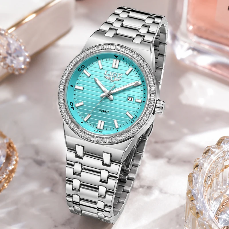 LIGE New Luxury Women Watch Elegant Diamond Bezel Chronograph Quartz Ladies Wristwatch Waterproof Watches Femme Relogio Feminino