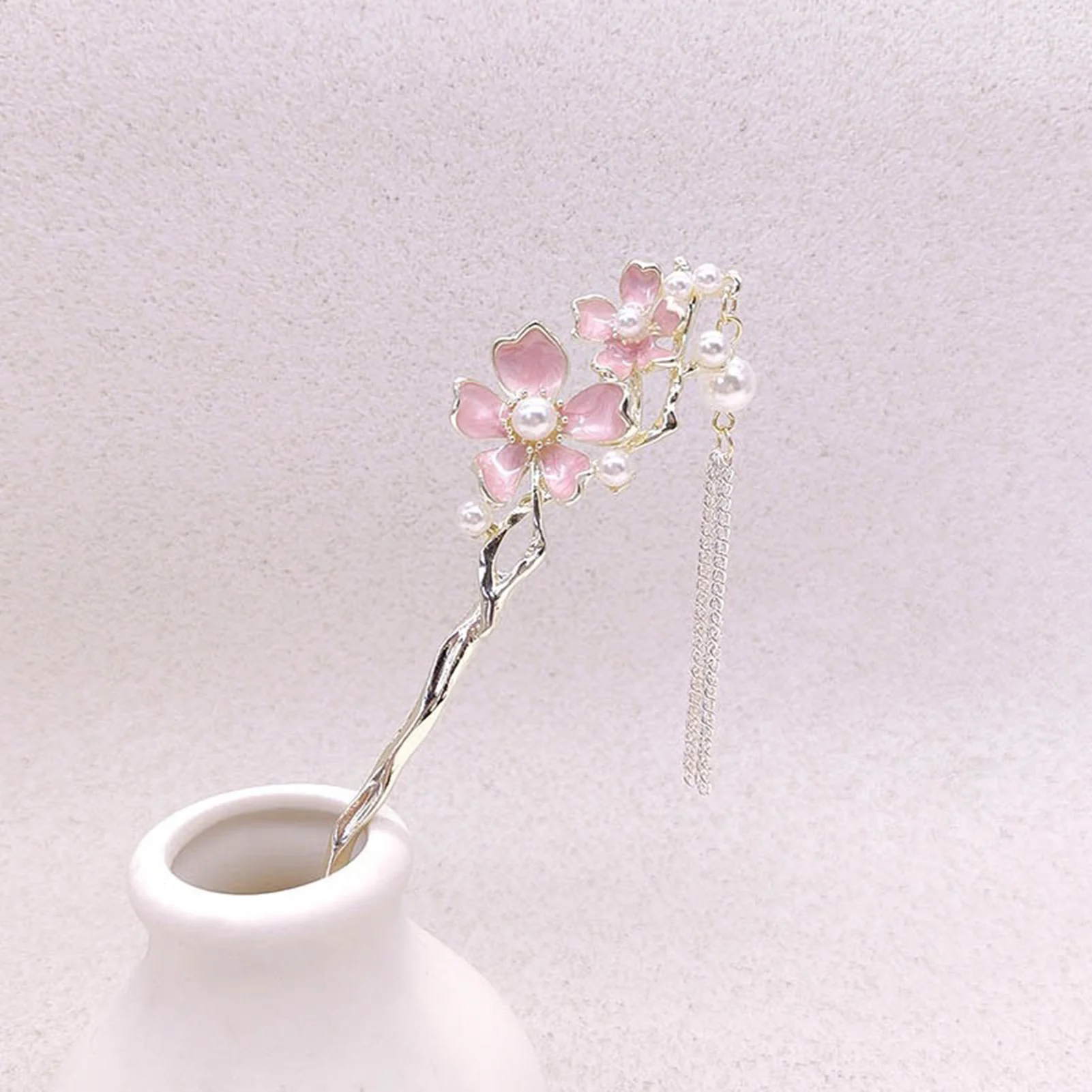 ピンクの花柄タッセルヘアスティック 中国漢服に合うヘアアクセ - Hair Fork Stick のレビューと価格