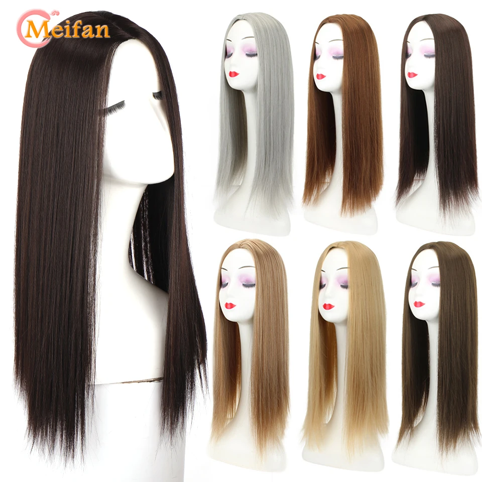 

MEIFAN Long Synthetic Clip on Hair Extension Topper Add Volume Middle Part Invisible Closure Hairpiece for Covering White Hair