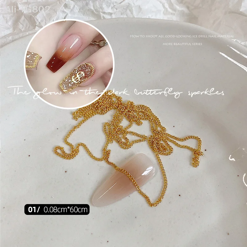 سلاسل أظافر ثلاثية الأبعاد بطول 60 سم بتصميم بانك من السبائك، ذهبية وفضية مع خرز حجري، زينة للأظافر لتزيين فن الأظافر