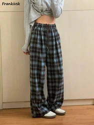 Pants Women Retro Spring Loose Full Length Elastic Waist Plaid Leisure All-match Korean Style Wide Leg Trousers Students Trendy