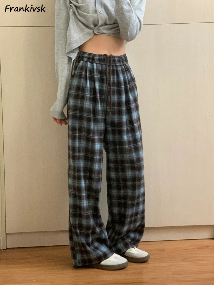 Pants Women Retro Spring Loose Full Length Elastic Waist Plaid Leisure All-match Korean Style Wide Leg Trousers Students Trendy