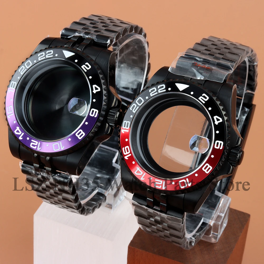 

Black 40MM Watch Case Black Red Bezel Case Fit GMT NH34 NH35 NH36 NH38 Movement 316L Steel Jubilee Strap SUB YACHT-MASTER Case