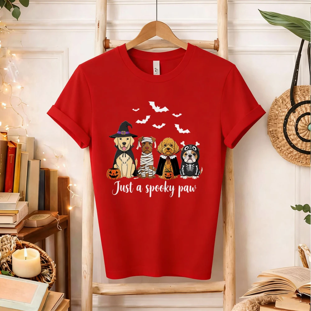 Cute Just A Spooky Paws Dog Graphic T‑Shirt Halloween Costume Dogs Bat Pumpkin Jack‑o‑Lantern Pet Lover Holiday Casual Party Top